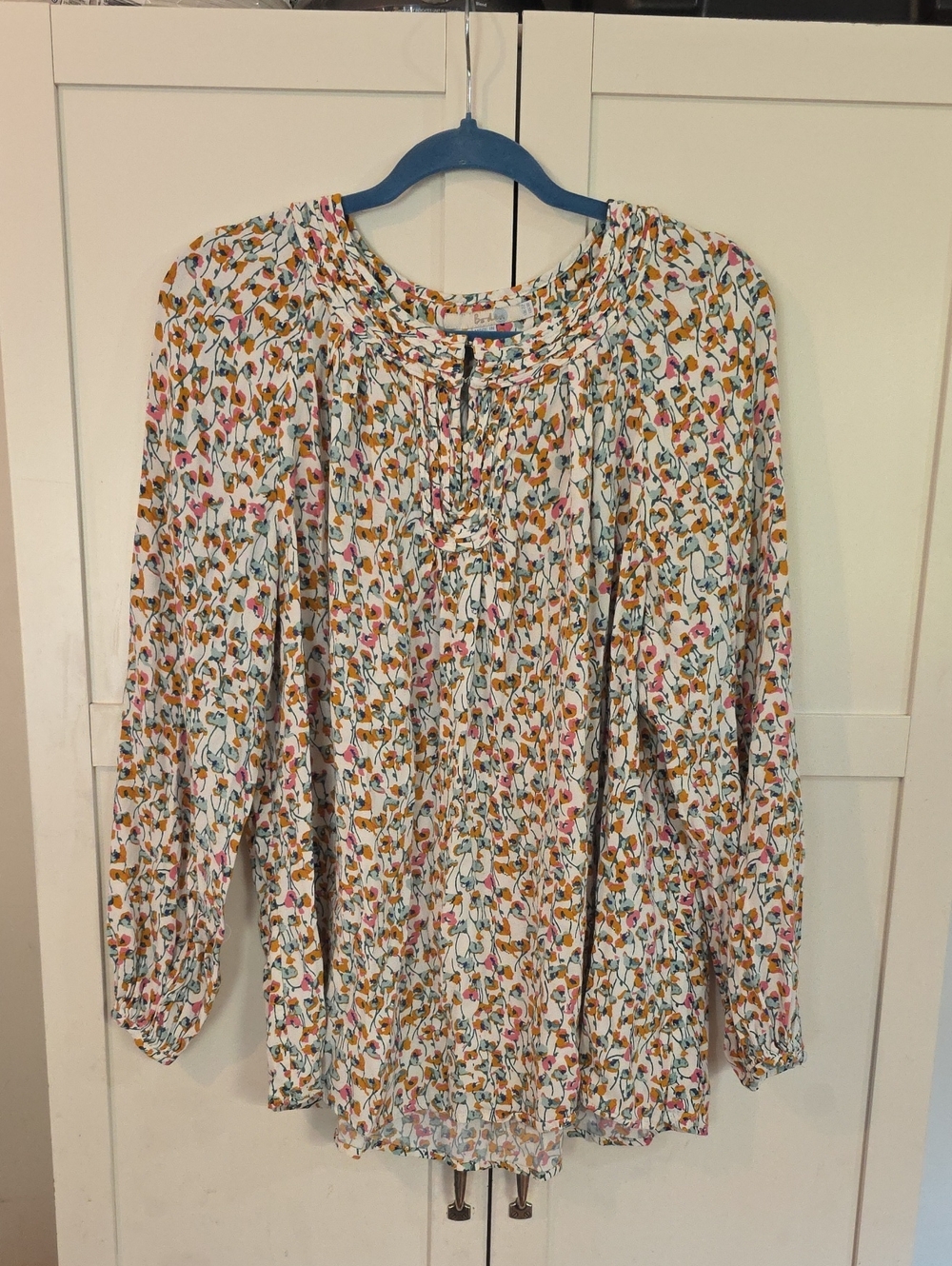 Floral Peasant Blouse - White with Mustard & Pink